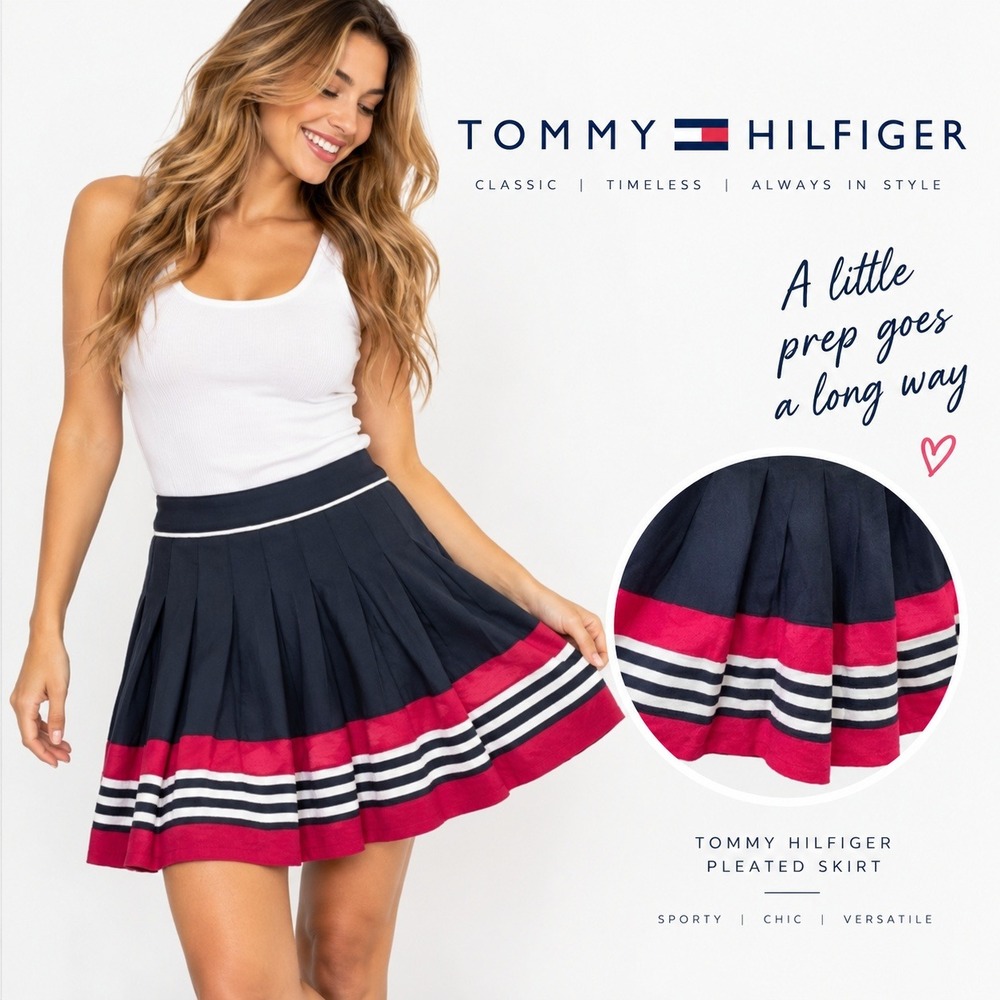 Tommy Hilfiger Navy Blue Pink Striped Pleated Knee Length Skirt Size 4